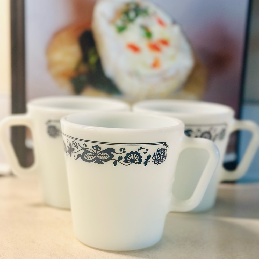 Pyrex White and Black Floral Mugs